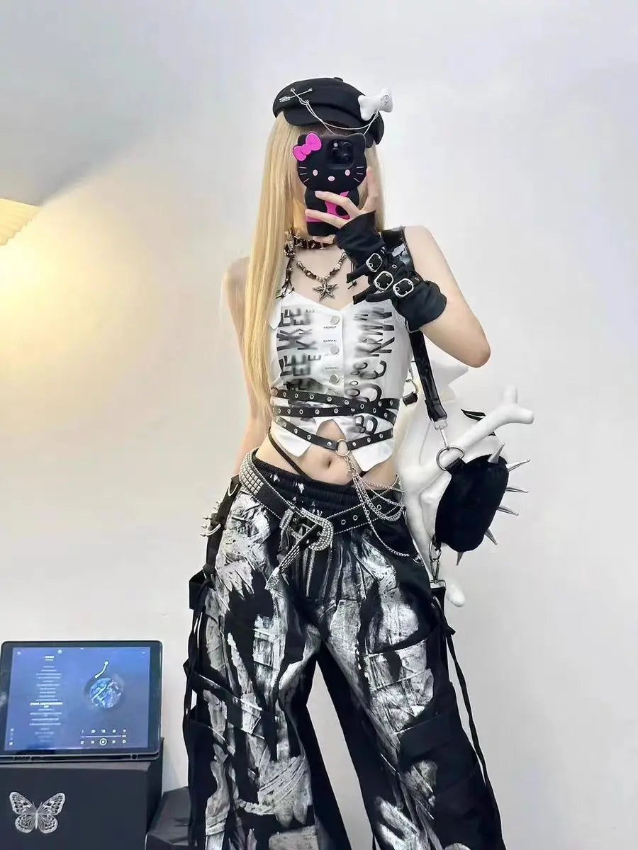 Y2K Grunge Silver Painted Cargo Pants Women's Gothic Drawstring Wide Leg Baggy Streetwear Trousers Female Punk Harajuku Bottoms