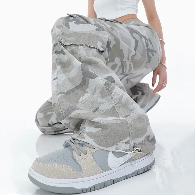 Streetwear Women Camouflage Cargo Pants Hip Hop Oversize Spring Autumn Straight New Wide Leg High Street Fashion Casual Trousers