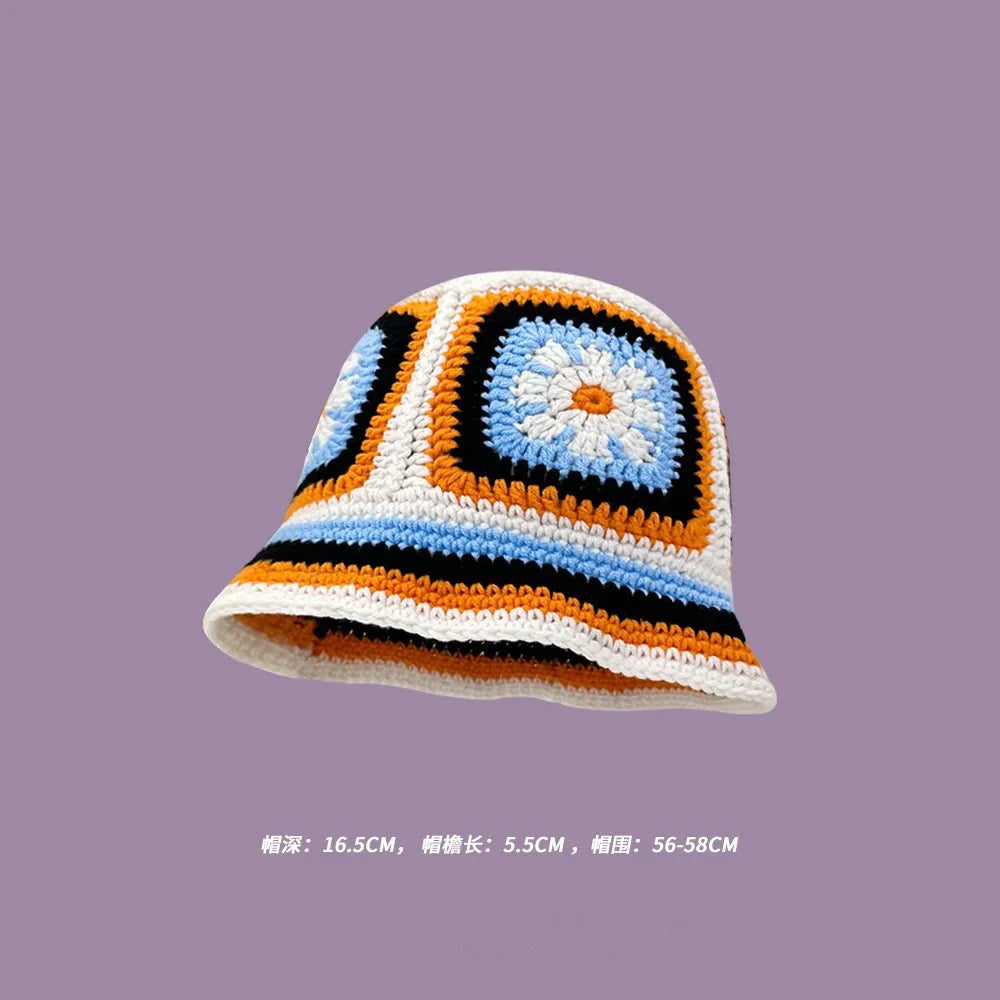 2023 Autumn New Crochet Korean Handmade Bucket Hat Women Weaving Knitted Hat  Fashion Flowers Autumn Winter Beanies Basin Cap