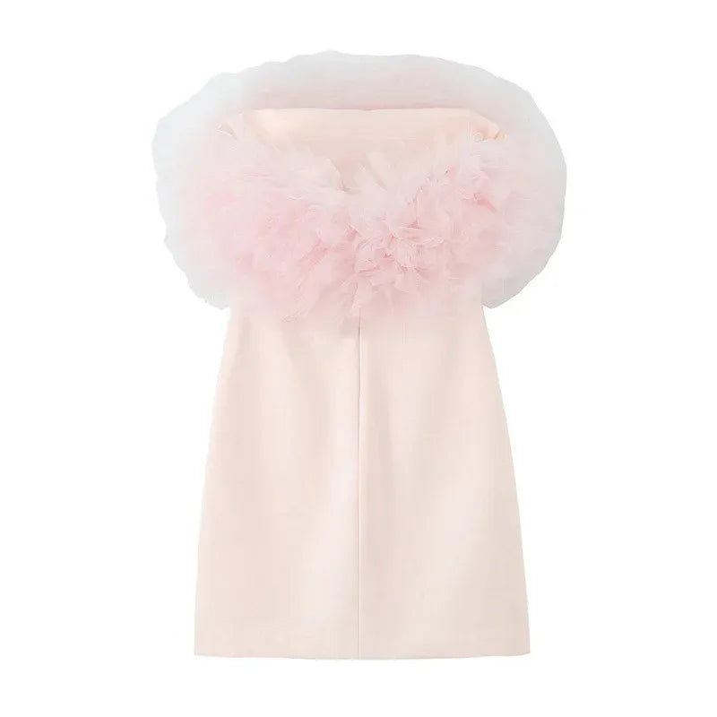 Women's Off-Shoulder Tulle Mini Dress Fashion Party Zipper Back Elegant Gown Vestidos Mujer