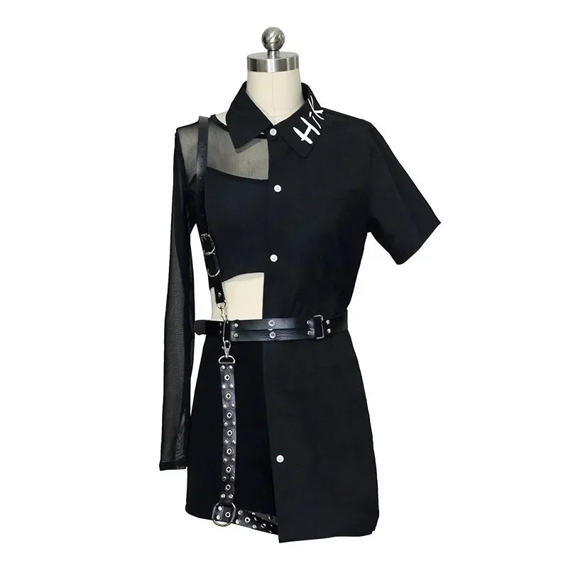 kpop Korean Celebrity show black hip hop short vest lapel jacket coat tops+sexy High waist mini skirts slim shorts women outfits