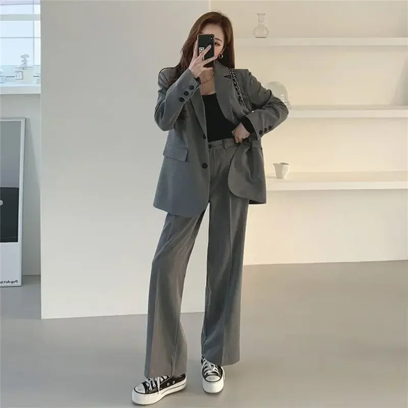 Insozkdg 2024 Autumn Winter Retro Casual Long Sleeves Jacket + Wide-leg Pants Commuter Solid Color Single-breasted Two-piece Set