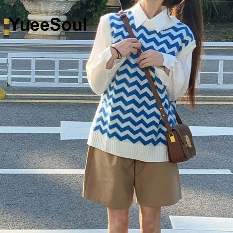 Blue Argyle Women's Vest Plaid Sleeveless Pullover Loose Knitted Sweater Vest 2026 New Autumn Y2K Casual Oversized Waistcoat