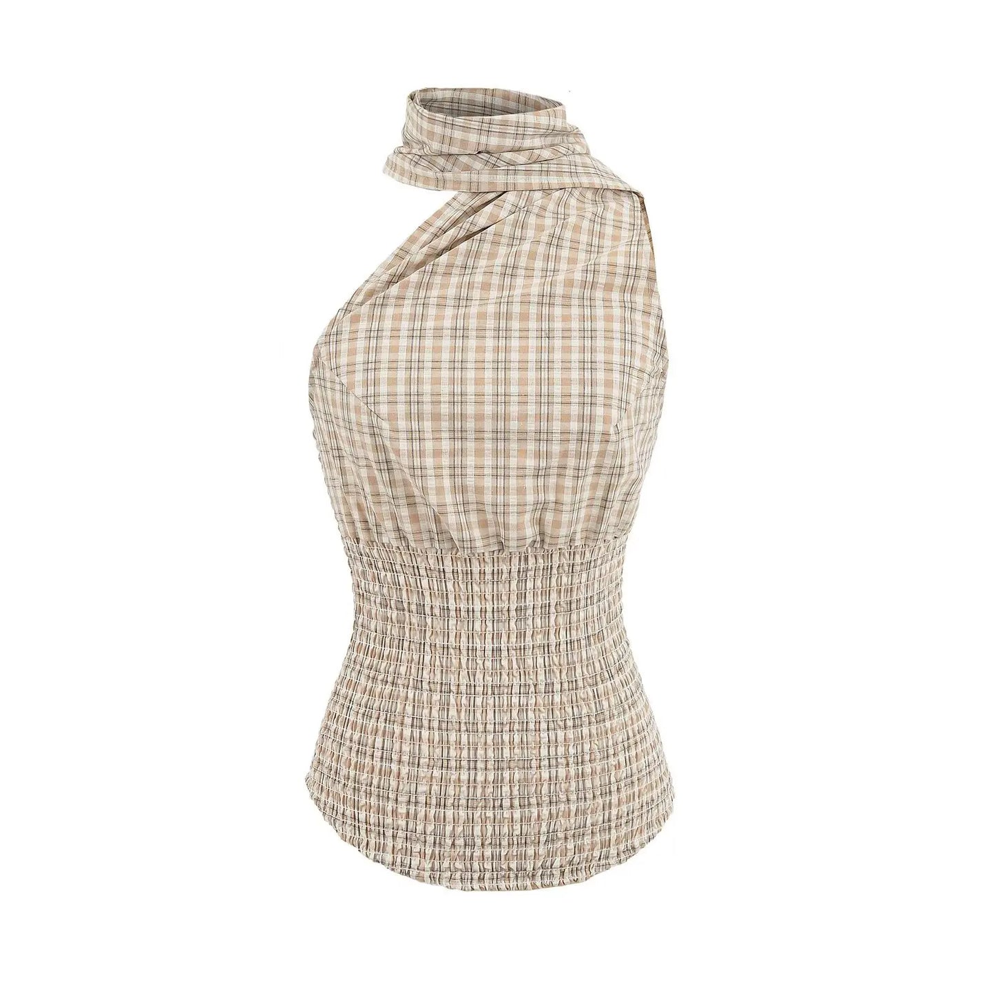 KADUWAKI Summer Plaid Printed Hanging Neck Sloping Shoulder Lace Up Slim Fit Top Khaki Mini A-line Fluffy Skirt 2-piece Sets Y2k