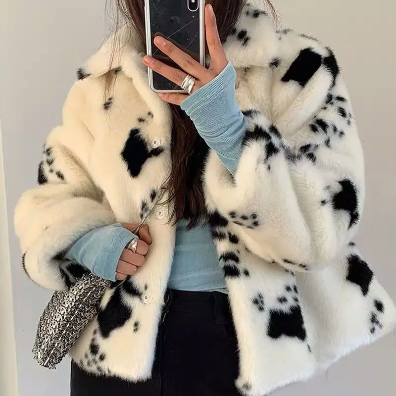 New Korean Version Women's Short Loose and Fashionable Square Neck Black and White Cow Pattern Faux Fur Mink Fur Coat