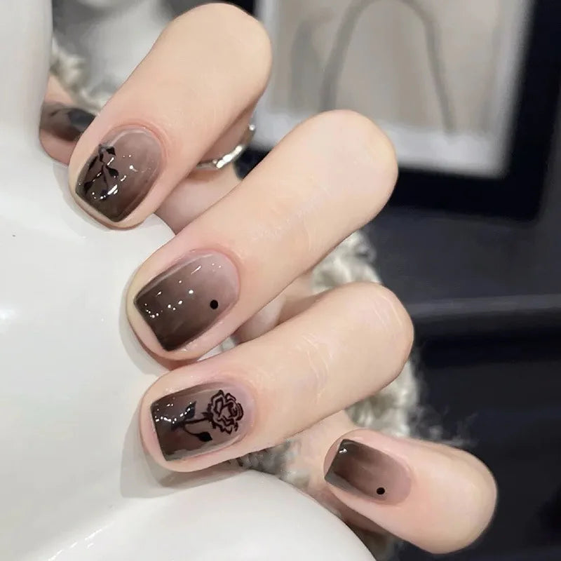 24pcs Cute Girly Short Square False Nails Sweet White French Nail Glitter Star Rhinestones Nail Art Cat Eye Bow Press On Nails