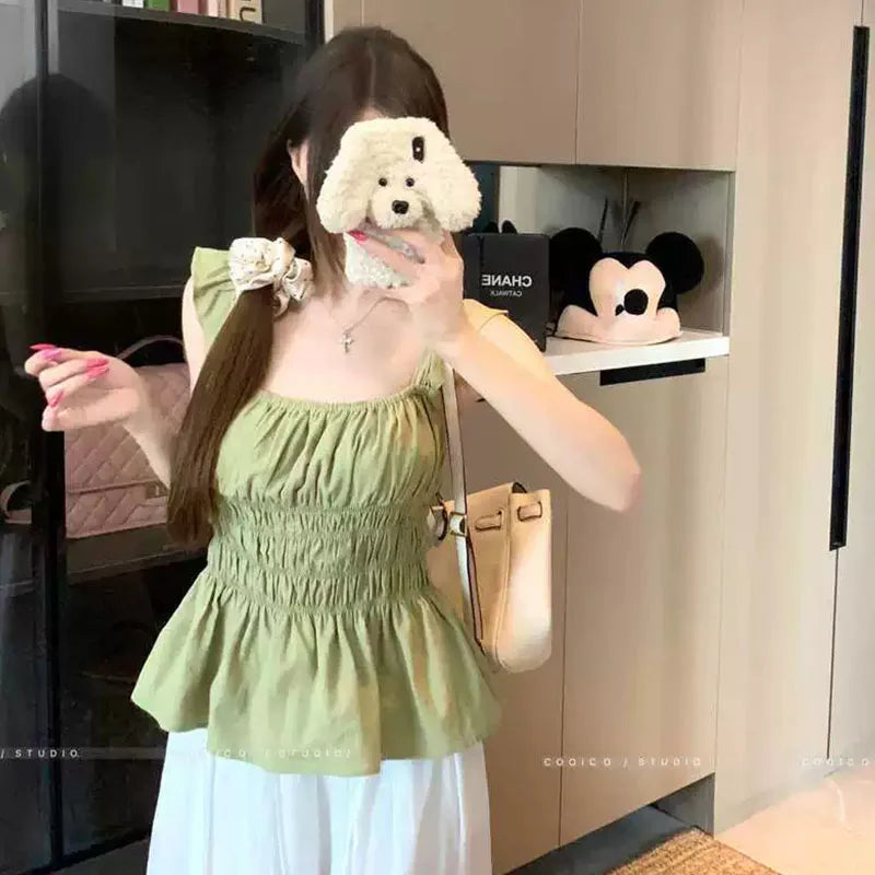 Gaono Women Sleeveless Low Cut Peplum Tank Tops Fairy Cute Ruched Camisole Summer Coquette Tie Up Strap Crop Tops Y2k Clothes