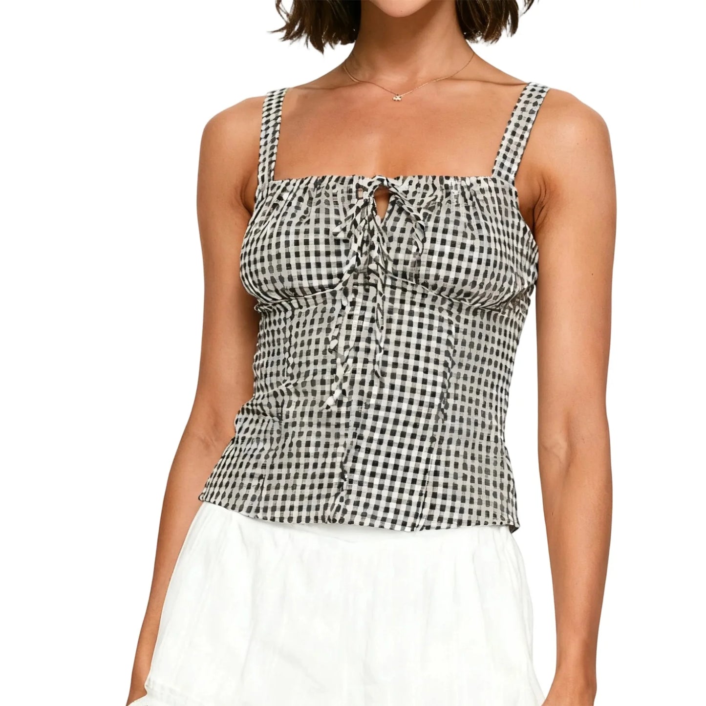 Women Camisole Sexy Fashion Sleeveless Square Neck Backless Buckled Plaid Tops Summer Vest for Party Club