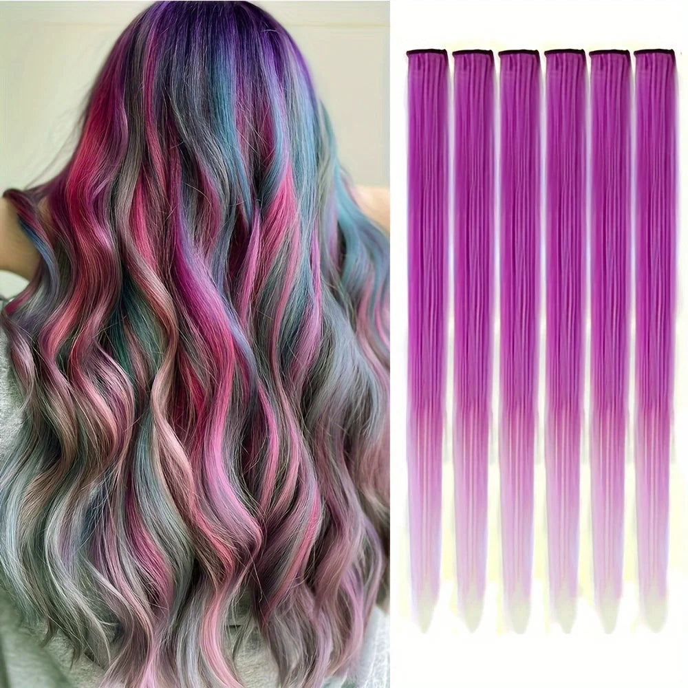 Clip in Hair Extensions Colored Party Highlights 22 inches 6pcs/pack Multi-colors Straight Hair Synthetic Hairpieces Royal Blue