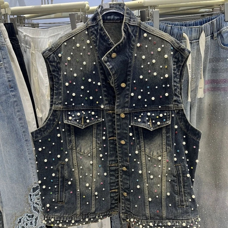 2026 Summer New Popular Women's Luxury Rhinestone Denim Vest Loose Slim Sleeveless Layering Fashion Waistcoat Top Y2k Clothes