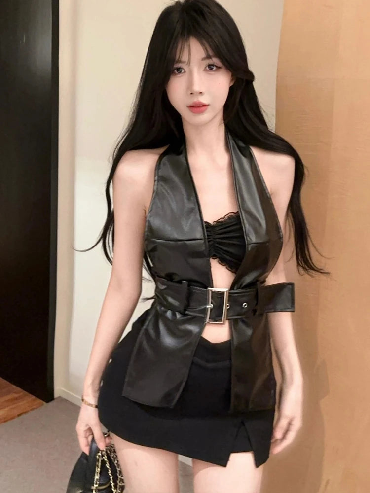Y2k Aesthetic Two Pieces Set Women Streetwear Sexy Backless Pu Belt Tanks + Grunge Pleated Cropped Strapless Vest Summer Suit