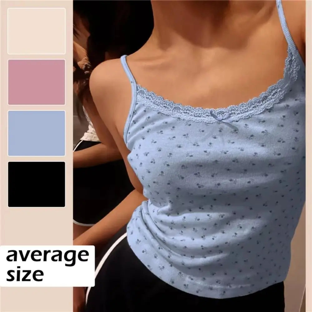 Elegant Sweet Floral Tank Tops Bowknot with Cups Pad Lace Vest T-Shirt Sleeveless Casual Y2k Crop Top Spring Summer