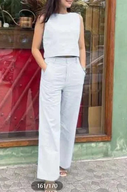 Women's Cotton Linen Set Casual Fashion Wide Leg Pants Sleeveless Pockets Solid Color Ensemble Elegant Versatile Outfit