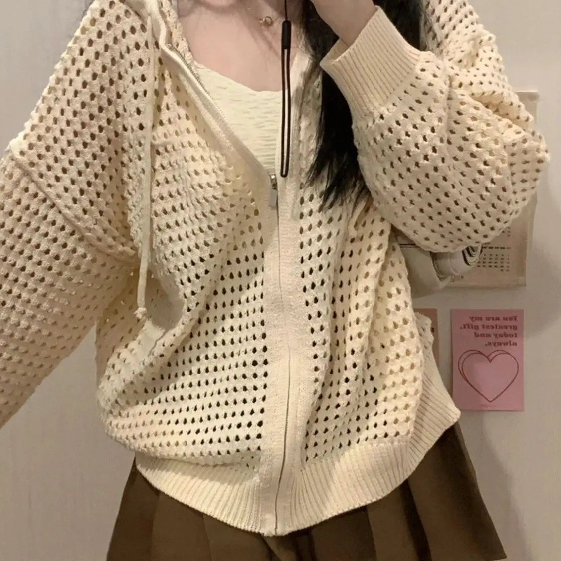 Hollow Knitted Sweater Design Hooded Loose Outer Thin Jacket Korean Spring Summer Zipper Cardigan Top for Women
