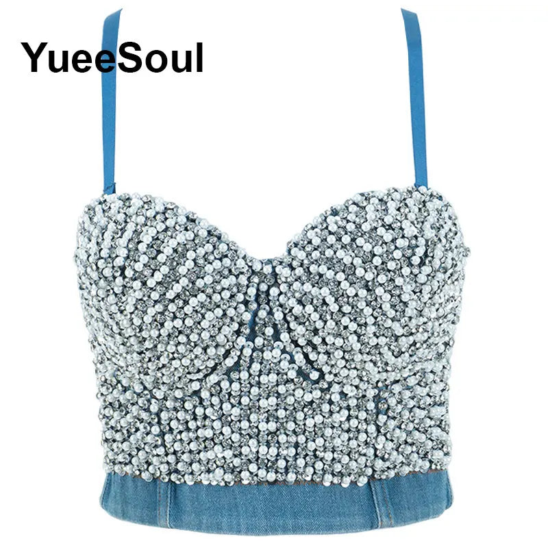 Denim Crop Tops Pearl Tassel Diamond Flower Blue Sleeveless Sexy Corset 2000s 2026 Summer New Y2K Party Evening Woman Clothes