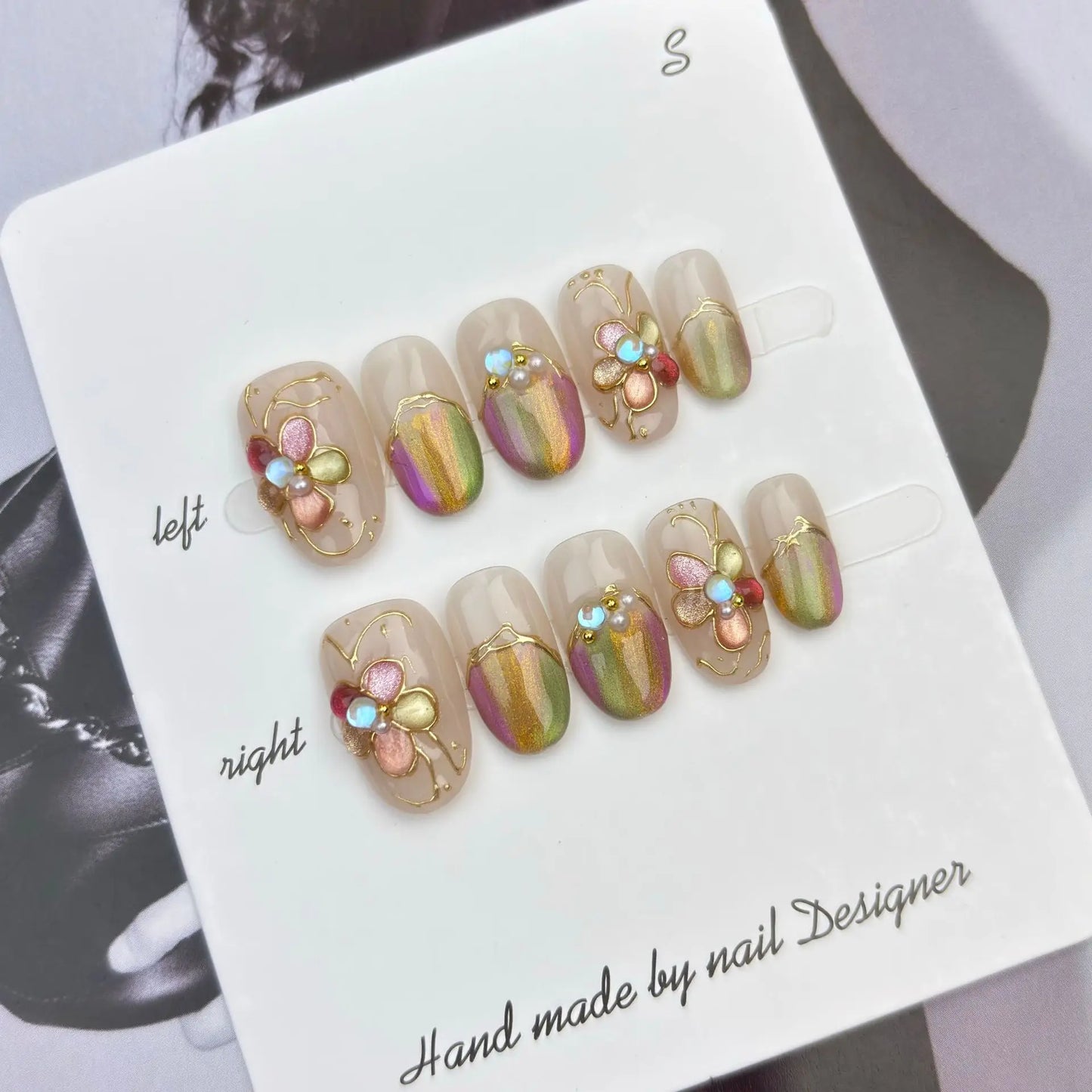 10Pcs Short Handmade Pink Press on Nails Spring French Rhinestone Full Cover Fake Nail Plaid Manicure Wearable Nail Tips Art