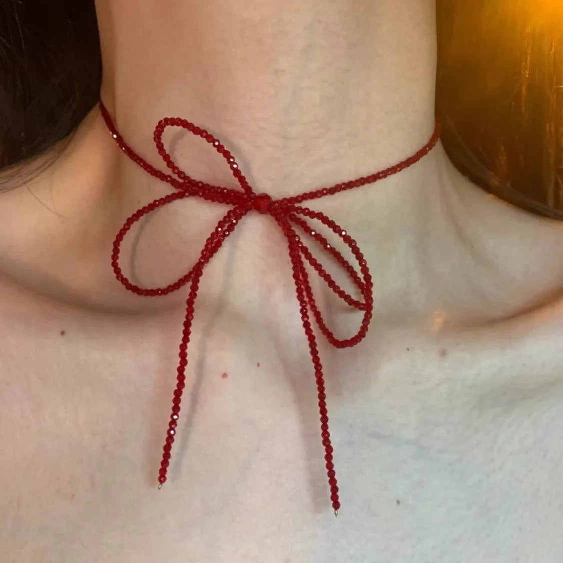 Vintage Crystal Bead Bow Tassel Choker Necklace | Inspired by Wonyoung