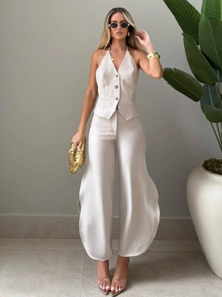 Women Halter Neck Vest Pants Set Elegant Sleeveless Button Front Blazer Top Split Curved Hem Trousers Suit 2026 Office Outfit
