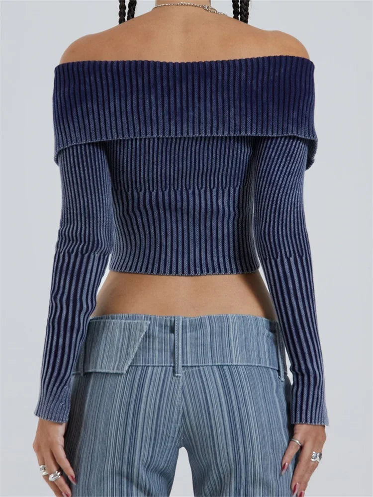 Lapel Gradient Print Long Sleeve Cardigan Crop Top for Women Off Shoulder Knitted Ribbed Zip Up Sweaters Jumpers 2024