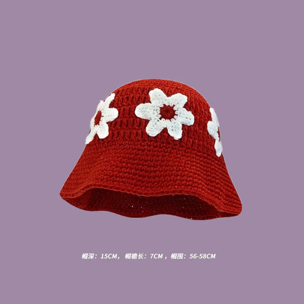 2023 Autumn New Crochet Korean Handmade Bucket Hat Women Weaving Knitted Hat  Fashion Flowers Autumn Winter Beanies Basin Cap