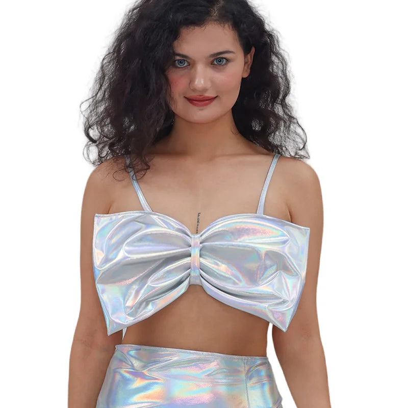 Bow Tie Sexy Spaghetti-strap Top Gilded Lacquered Costume Stage Performance Outfits Sweet Clothes for Women Summer