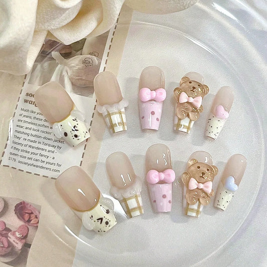 10pcs Pure Handmade Coffin Shaped Nail Art, Fake Nails for Nail Art, Romantic and Cute Teddy Bears, Suitable for Women to Use