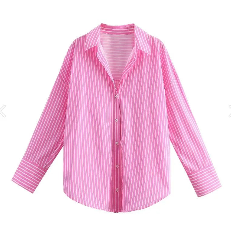 Striped Collar Shirt Oversized Single Long Sleeve Shirt Casual Stylish Loose Chic Button Shirt Spring Womens Versatile Top