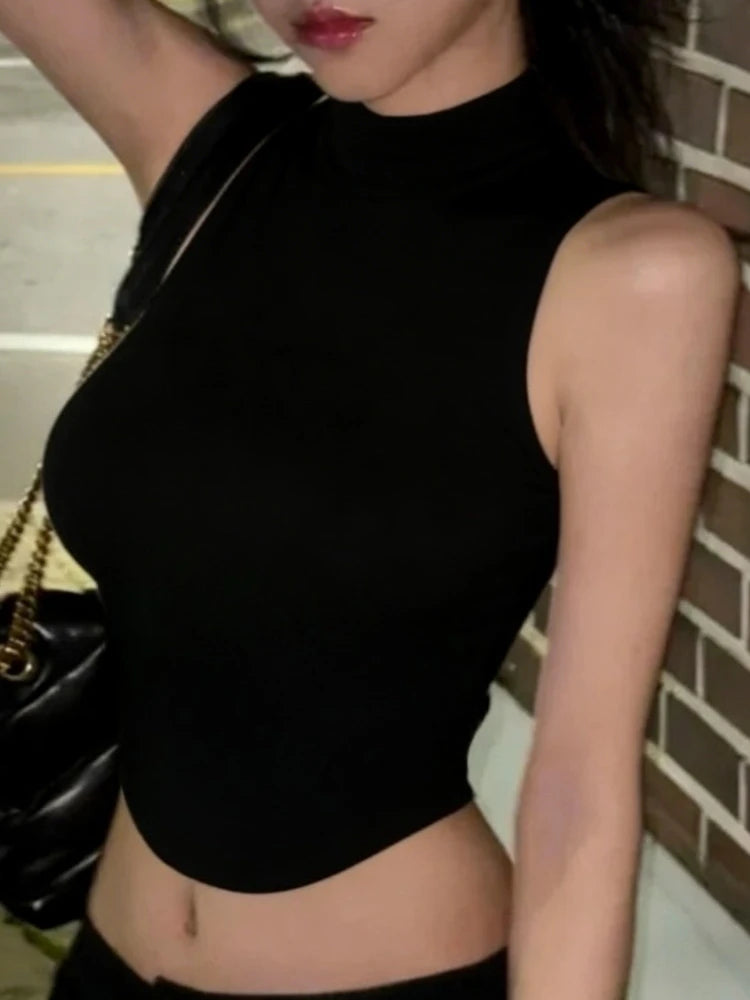 Korean Version Cinching Waist Solid Slim Sexy Crop Top 2026 Summer High Neck Sleeveless Women Tank Top Inner Wear Camisole
