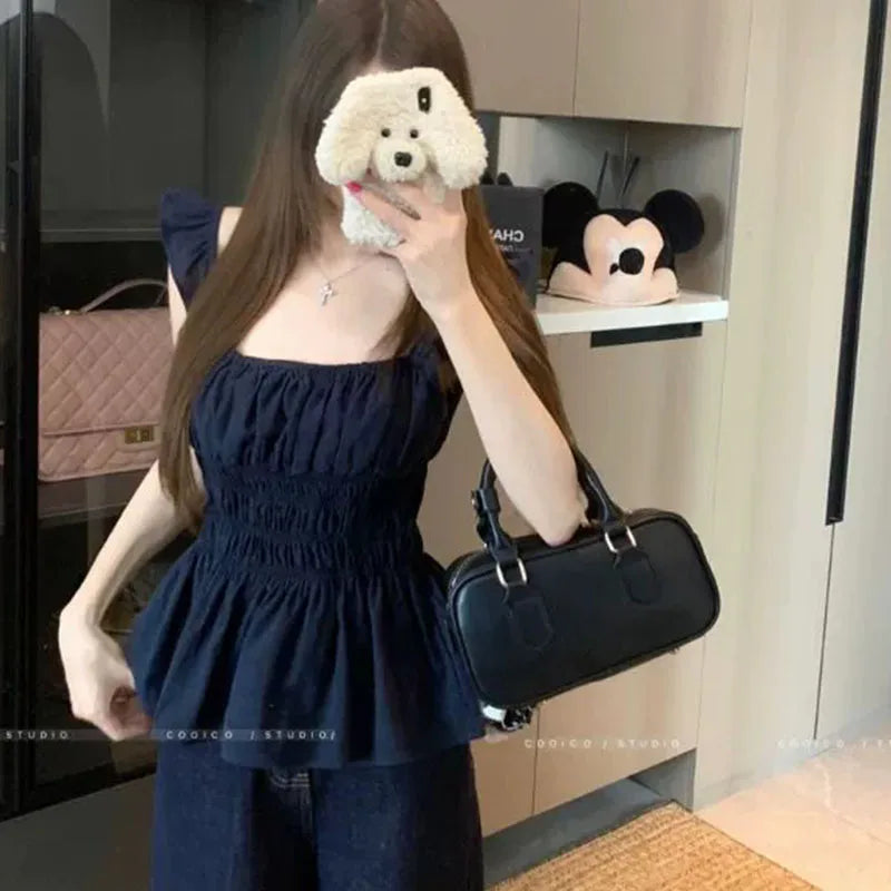Gaono Women Sleeveless Low Cut Peplum Tank Tops Fairy Cute Ruched Camisole Summer Coquette Tie Up Strap Crop Tops Y2k Clothes