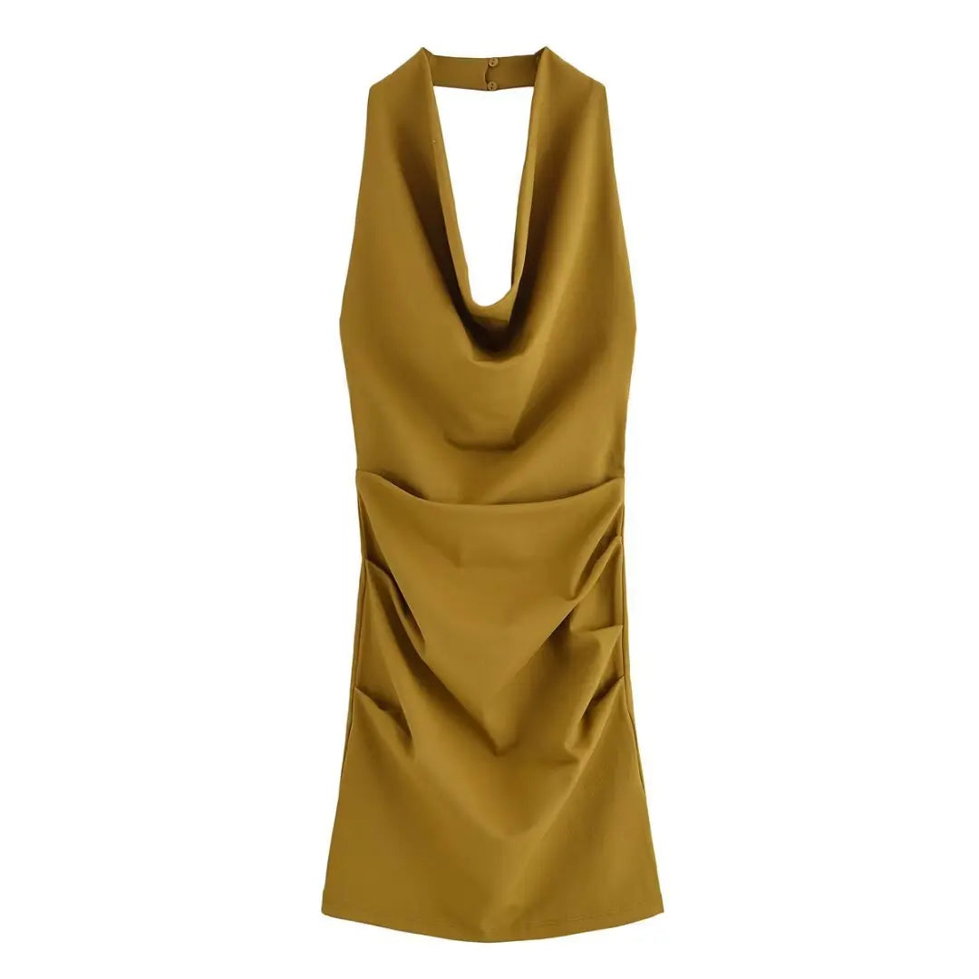 New Summer Elegant Mini Dress Fashion Hanging Collar Long Dresses Women Solid Sleeveless Short Party Dress Lady Evening Dress