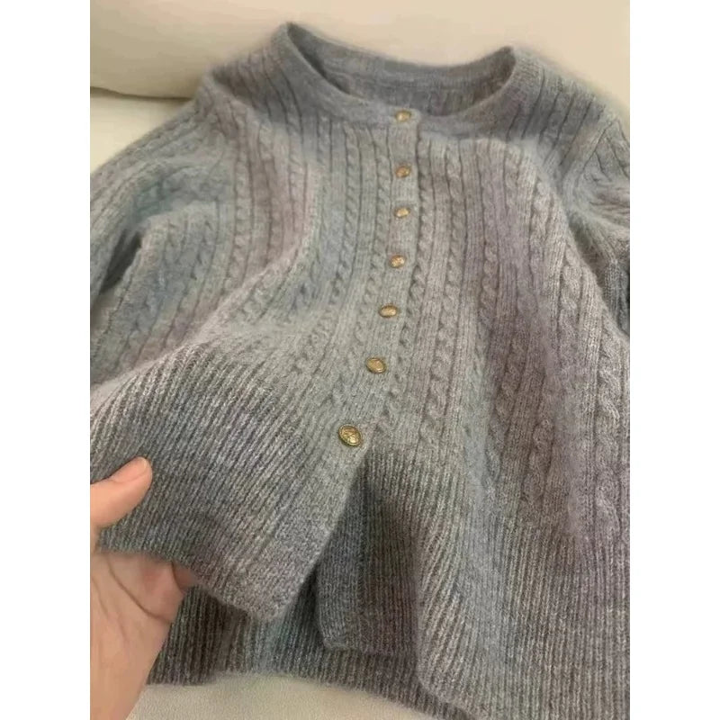 100% pure wool autumn fragrance New Year's red knit cardigan women's twist sweater with high sense of laziness short top.