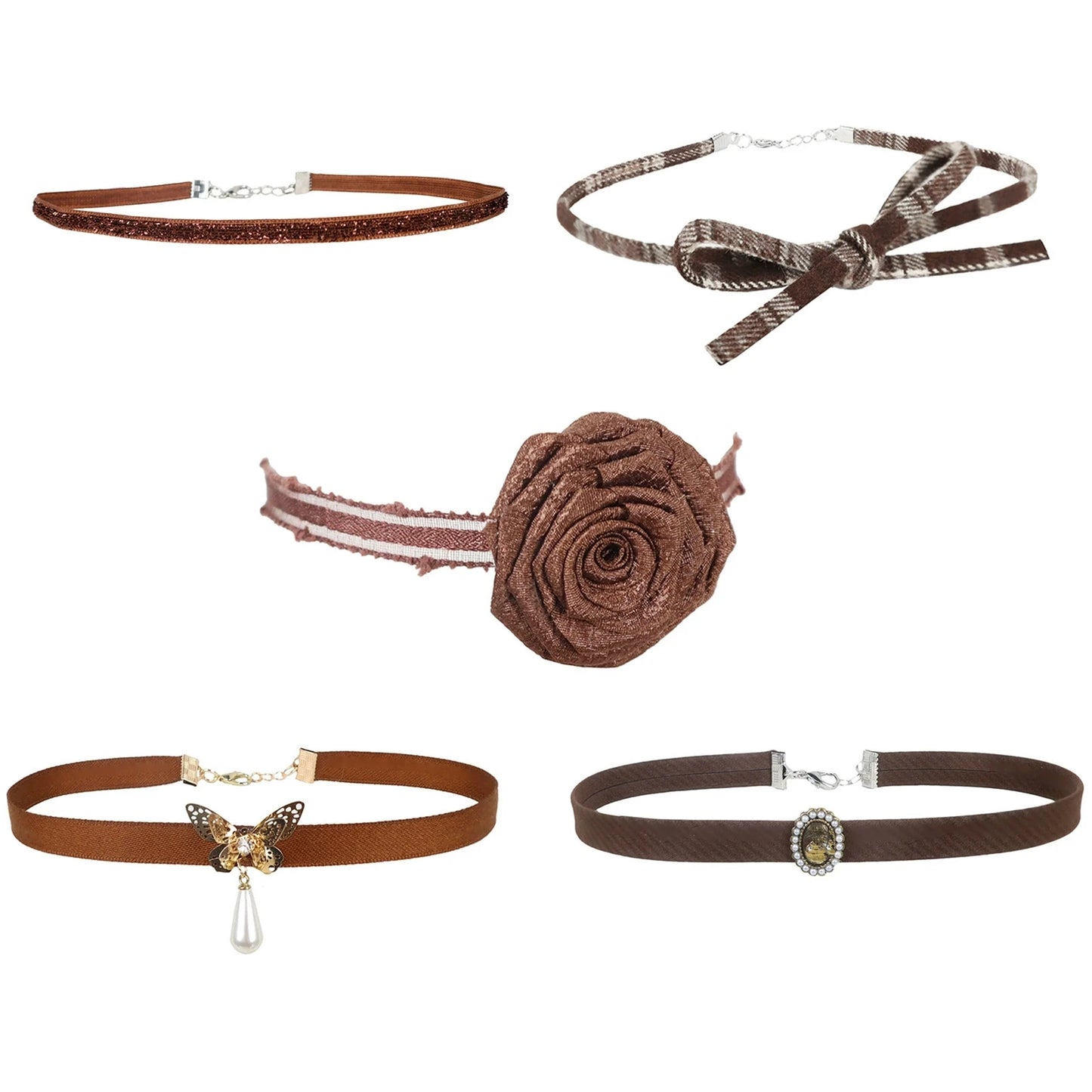 New Vintage Butterfly Bowknot Flower Love Heart Pendant Brown Choker Necklace Jewelry For Women Trendy Neck Charm Accessories