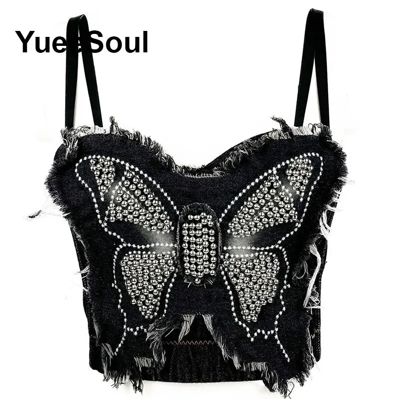 Denim Crop Tops Pearl Tassel Diamond Flower Blue Sleeveless Sexy Corset 2000s 2026 Summer New Y2K Party Evening Woman Clothes