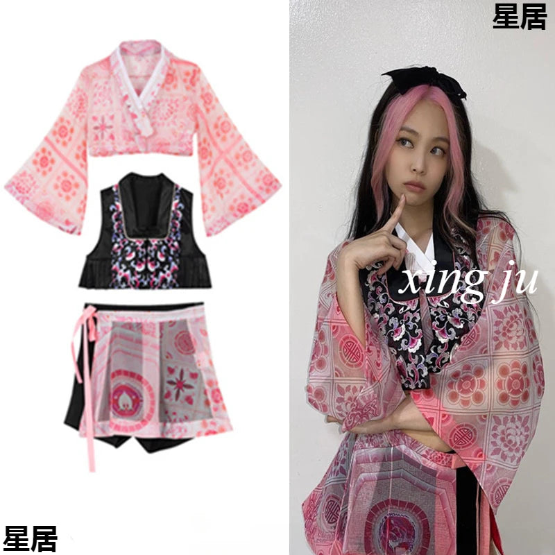 Kpop Jennie  Singers Jazz Dance Women Pink Concert Outfit Jazz Dancewear Festival Stage Costume Nightclub Hot Girl Rave Clothing