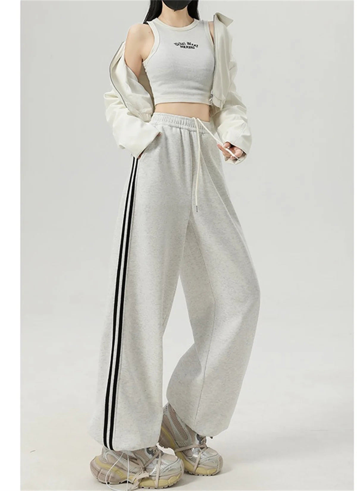 Women Stripe Chic Straight Pant Autumn Spring Retro Sports Sweatpants High Waist Color Blocked Trouseres Lady Casual Streetwear