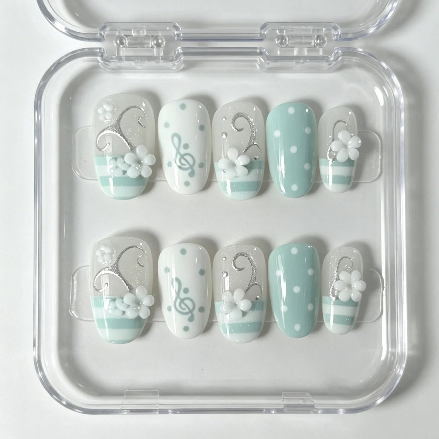 10 Hand Pressed Oval Nails, Beautiful Fake Nails, Fresh Mint Green Waves, Dotted Notes, Small White Flowers, Suitable for Women