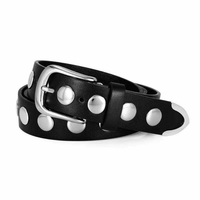 Women 105CM Long 3cm Wide Leather Belt New Hip-hop Punk Style Large Rivet Pin Buckle Belt Versatile Jeans Belt Skirt Waist Belt