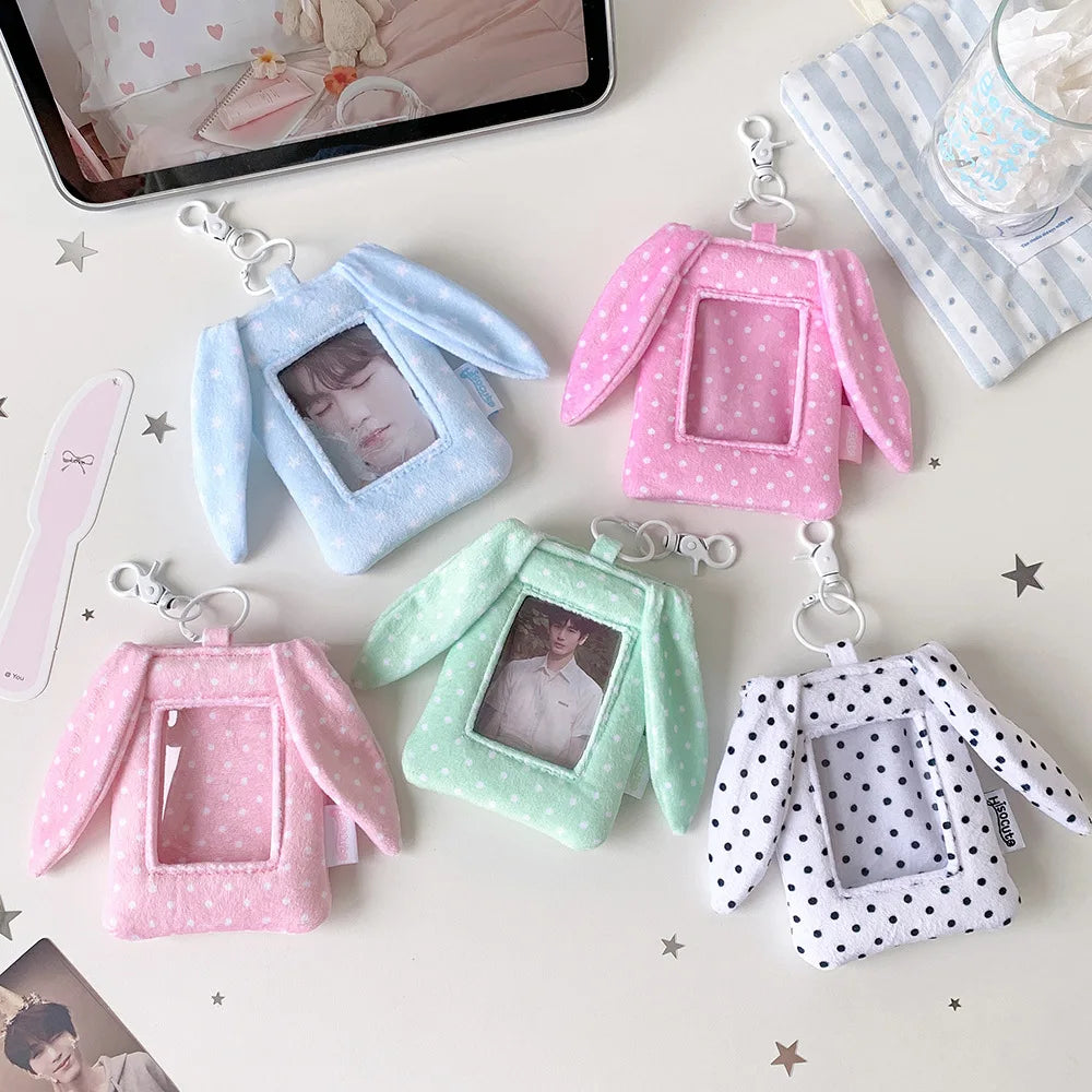 Cute Polka Dot Rabbit Ear 3 Inch Photocard Holder Keychain Korean Style Student Card Bag