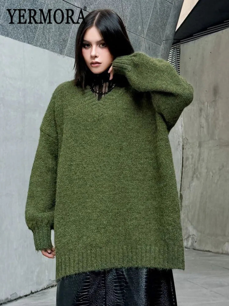 YERMORA Green Big Size Brief Casual Pullover For Women V-Neck Long Sleeve Loose New Sweater Fashion Tide Autumn Winter 2025