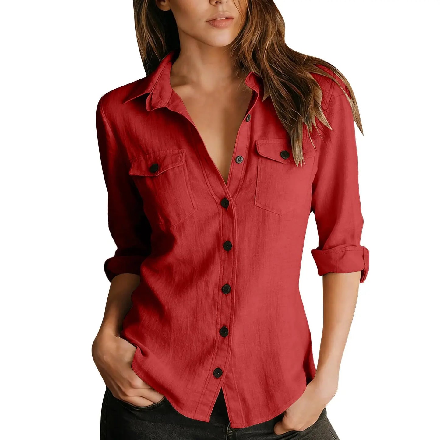 Lightweight Linen Lapel Button-Up Long Sleeve Casual Shirt | Inspired by Beren Saat