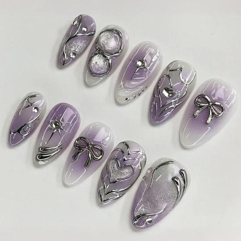 30pcs 3D Dream Rose Press on Nails Heart & Animal Wave Fake Nail Short Almond Full Coverage Nail for Women&Girl False Nail Art