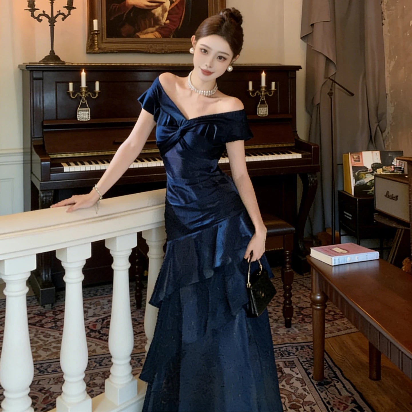 Off-Shoulder V-Neck Ruffled Mermaid A-Line Mid-Calf Evening Gown | Inspired by Beren Saat