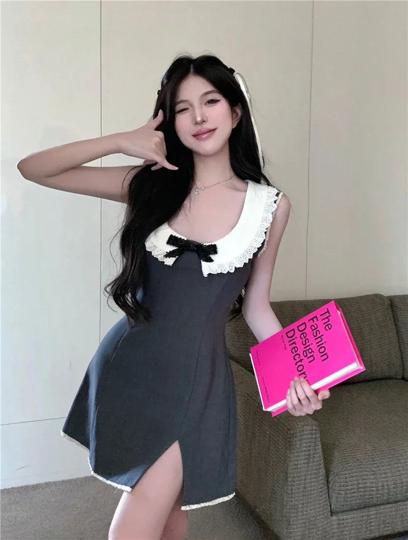 Contrast White Bow Peter Pan Neck Gray Slit Mini Dress Lolita Kawaii dresses elegant women y2k clothing summer korean fashion