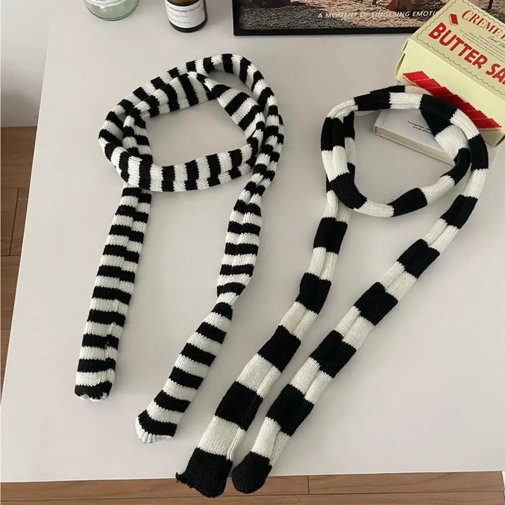 Korean Knitted Slim Long Scarf Y2K Harajuku Decorative Neckerchief Stripe Neck Women Narrow Long Scarf Choker Lady Accessories