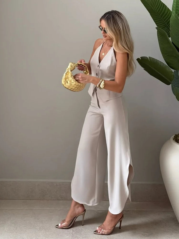 Women Halter Neck Vest Pants Set Elegant Sleeveless Button Front Blazer Top Split Curved Hem Trousers Suit 2026 Office Outfit