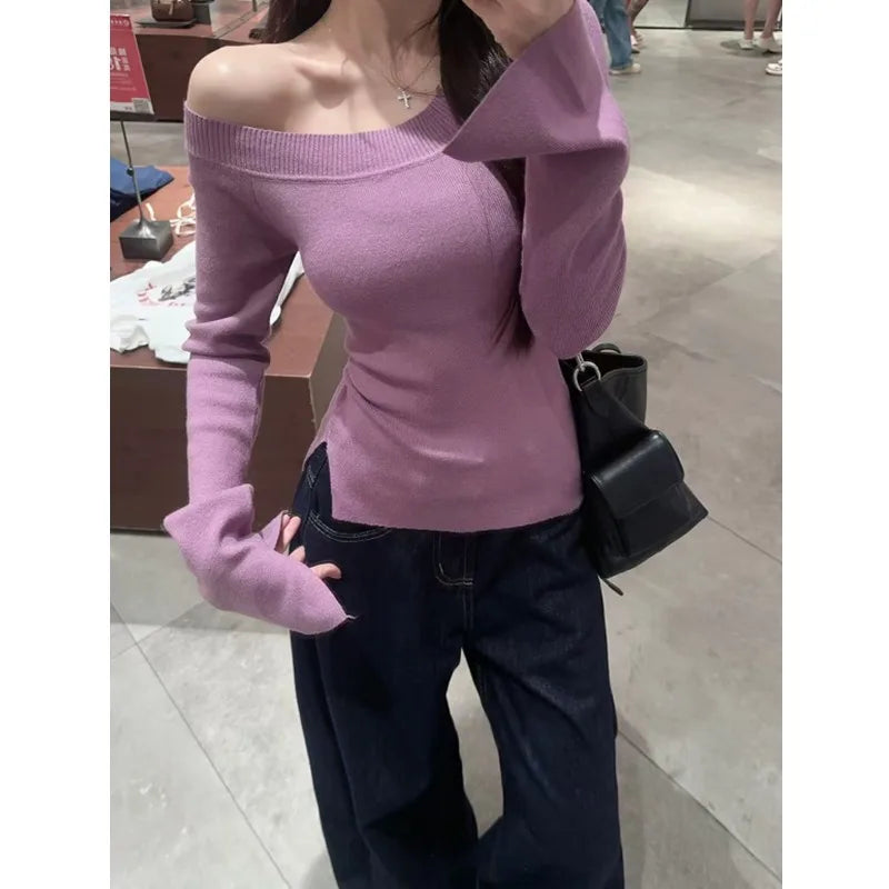 Elegant Long Sleeve Off-the-shoulder Knitted Sweater Women Pullover Bottoming Shirt Autumn Casual Office Simple Slim Fit Tops