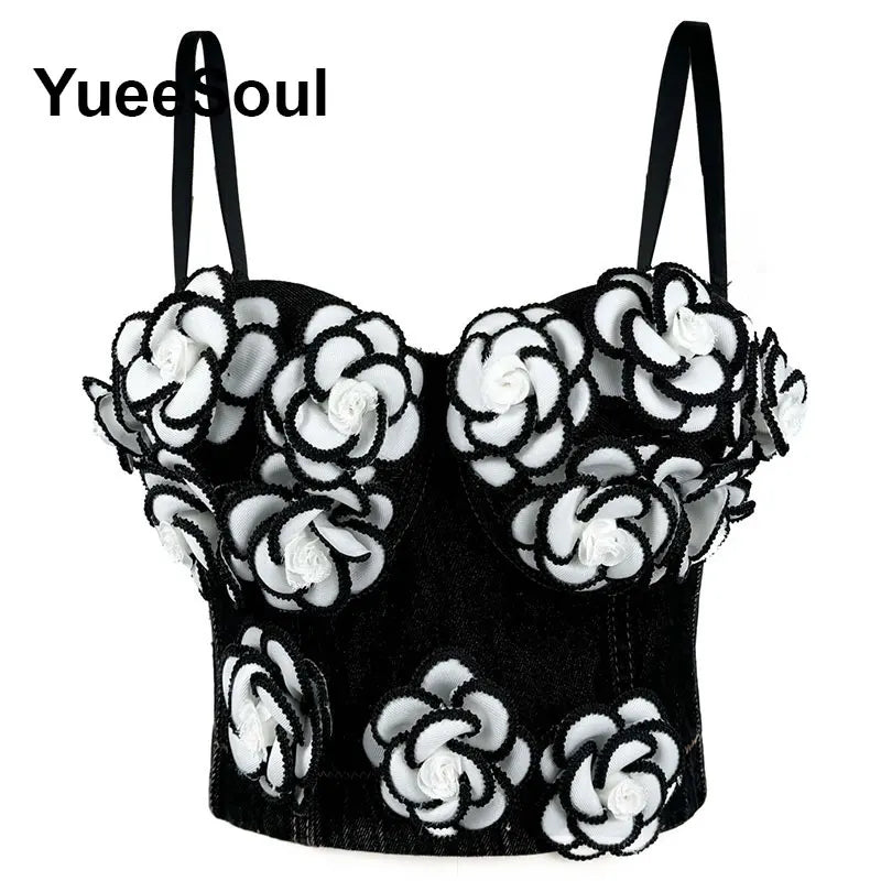 Denim Crop Tops Pearl Tassel Diamond Flower Blue Sleeveless Sexy Corset 2000s 2026 Summer New Y2K Party Evening Woman Clothes