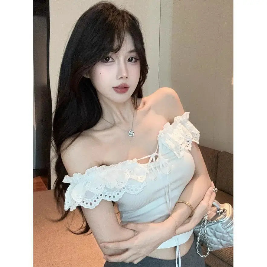 Summer Women's New Arrival Girl Style Slimming and Slimming Off-Shoulder Tied Ribbon Lace Trim Sleeveless Top
