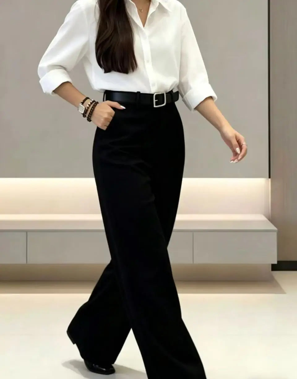 Women Black High Waist Wide Leg Suit Pants With Belt Elegant Office Business Formal Trousers Straight Leg Workwear Pants