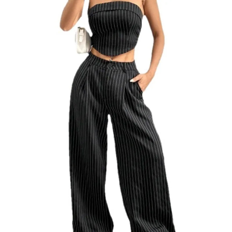Women's Striped 2 Piece Outfit Tube Top and High Waist Wide Leg Pants Set